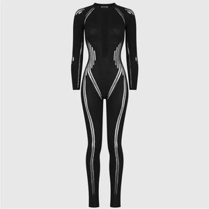 Black Sculpting Long-Sleeve Jumpsuit with Contrast Lines
